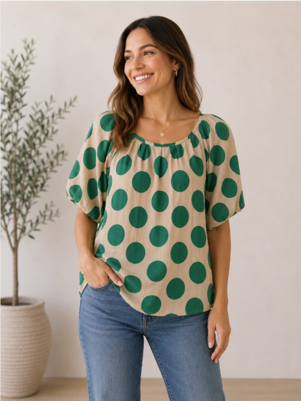 Moon Collection EUC beige & green oversized polka dot tie back blouse size L